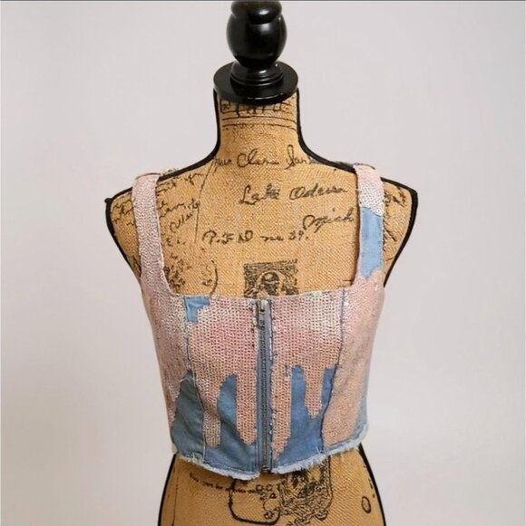 Sugar Thrillz Sequin Bustier Denim Crop Top w/ Zipper Front & Pink Sparkle – S - Picture 4 of 7